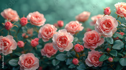 Lush Pink Rose Garden Blossoming on Teal Ethereal Botanical Backdrop