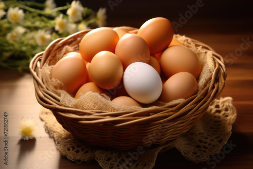 A rustic composition of wicker basket filled with a variety of fresh farm eggs on a wooden table.