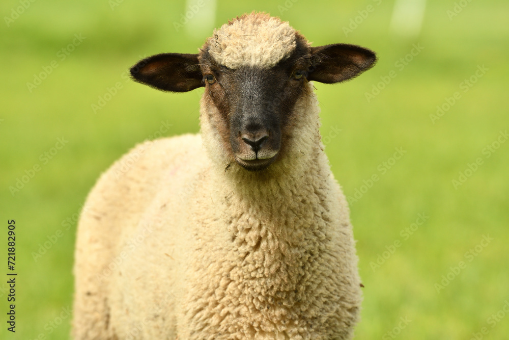 close-up of a sheep's head on the farm on the meadow
