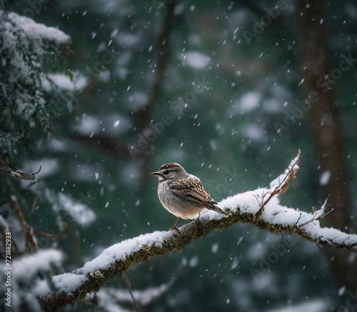 Snowy Bird (Tringa totanus) in the snow on tree branch in green forest.  Solitary Bird Braving the Winter Snowfall photo