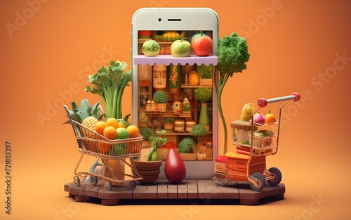 3d illustration cartoon mockup display of shopping food and fruit online with mobile phone