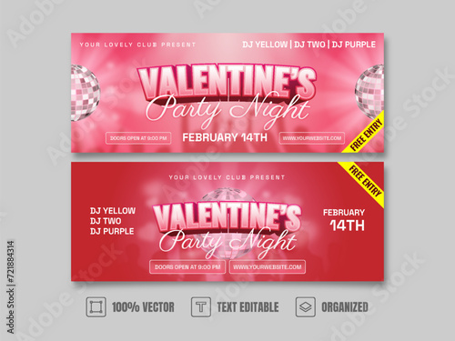 Valentine’s Party Night Banner Design with Text Effect and Pink Red Gradient Background.