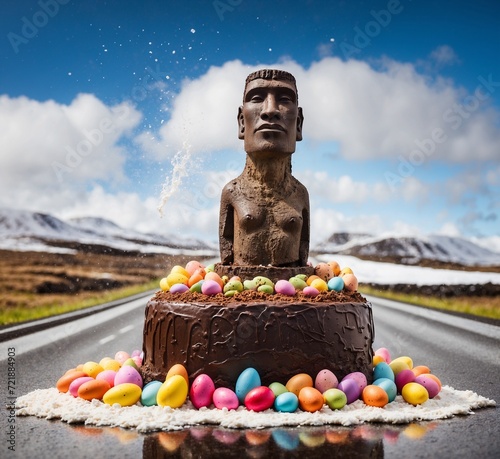 Icelandic chocolate cake with colorful easter eggs on the road photo