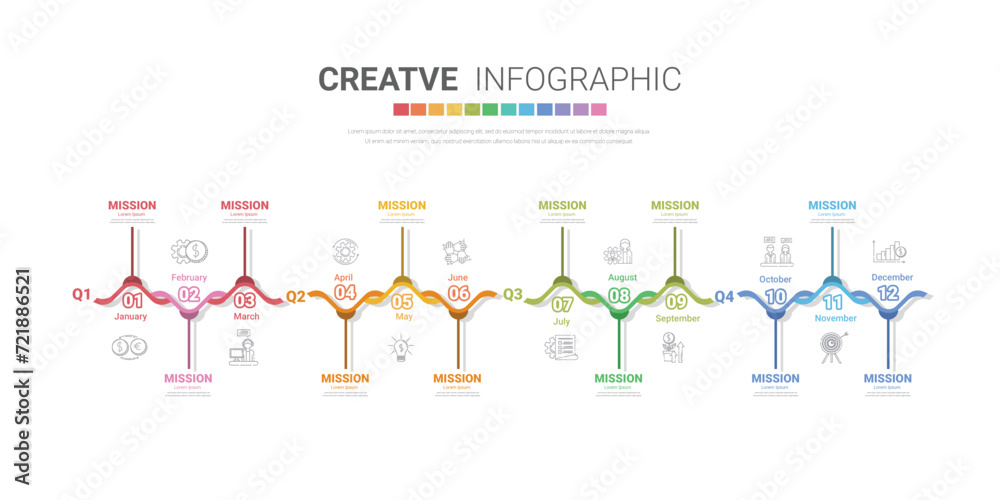 Timeline for business 4 quarter in 1 year, 12 months. Infographic template can be used for workflow, process diagram, flow chart.