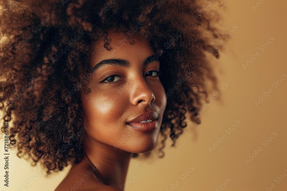 Beautiful portrait of African American woman with clean healthy skin and curly black hair. Beautiful portrait of African American woman with clean healthy skin and curly black hair.