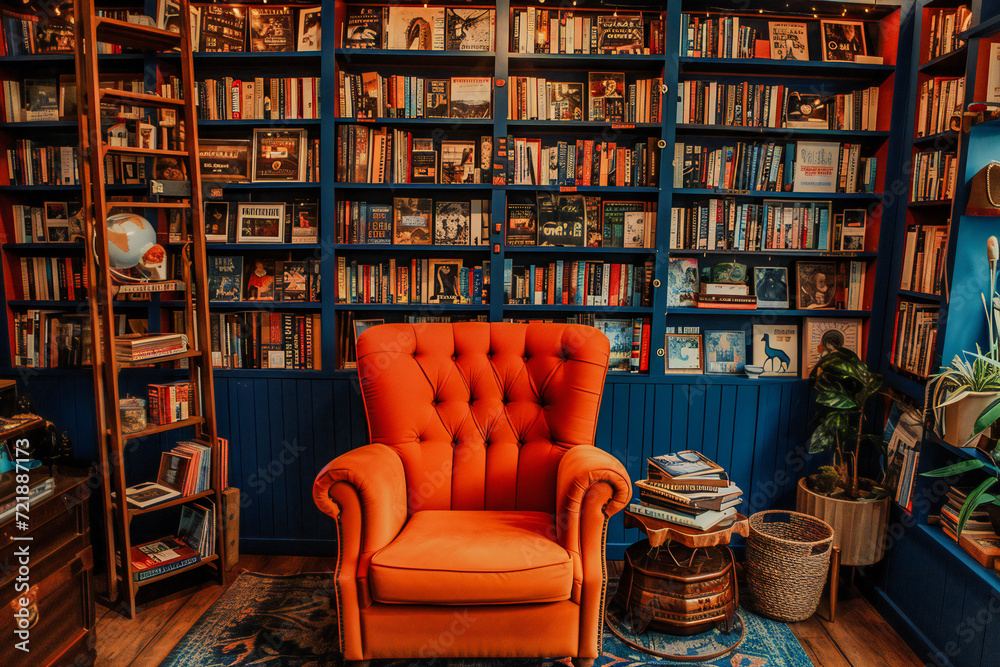 Library Interior with Bookshelves, Comfortable Reading Area and Classic Literature Collection