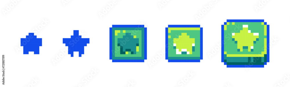 Obraz premium Pixel Favorites Icon Set for Retro Game UI. Retro 8-Bit Style Bookmark and Star Buttons