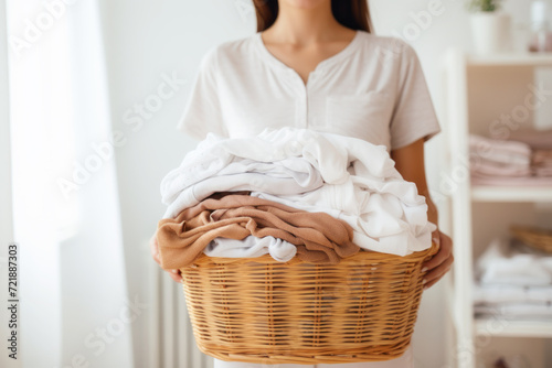 Woman holding basket of laundry and towel in home