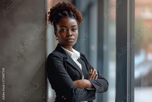 Confident African American female CEO in office portrait.