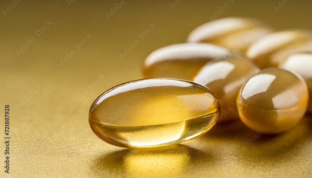 Close-up shot of a golden 3d antibiotic gel pill, simple yellow background Close-up shot of a golden 3d antibiotic gel pill, simple yellow background