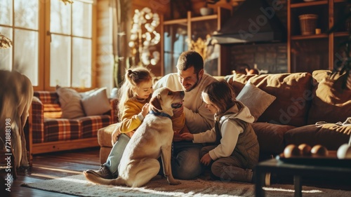 happy people at home with favorite pet , love and friendship of human and animal pragma photo