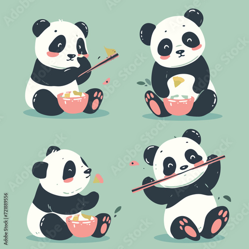 Fototapeta Naklejka Na Ścianę i Meble -  4 Cute Pandas Enjoying Bamboo Meals