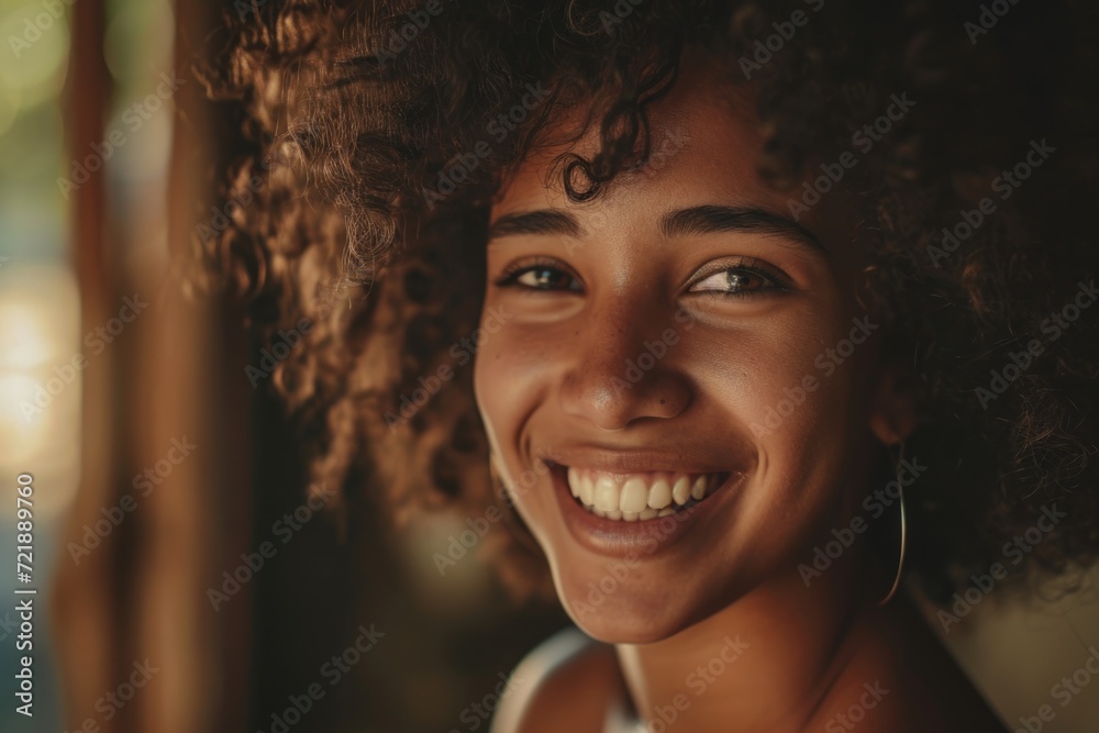Happy young woman with shaggy hair smiling on day off. Happy young woman with shaggy hair smiling on day off.