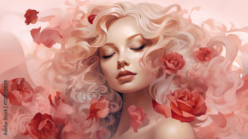 Beautiful blonde woman with rose petals