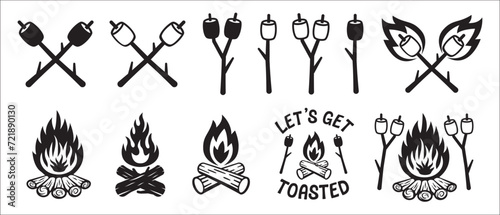 Camp fire vector set. Bonfire illustration set. Burning fire wood, marshmallow vector stock illustration. Let's get toasted sicker.