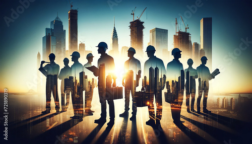 Silhouettes of construction workers and engineers stand in front of cityscape at sunrise, symbolizing progress, teamwork and urban growth. City development concept. AI generated. photo