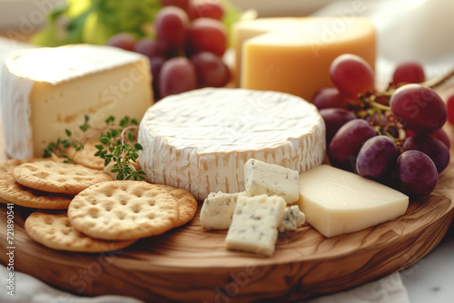 a variety of vegan cheeses, arranged on a wooden cheese board, accompanied by grapes and crackers, inviting and gourmet