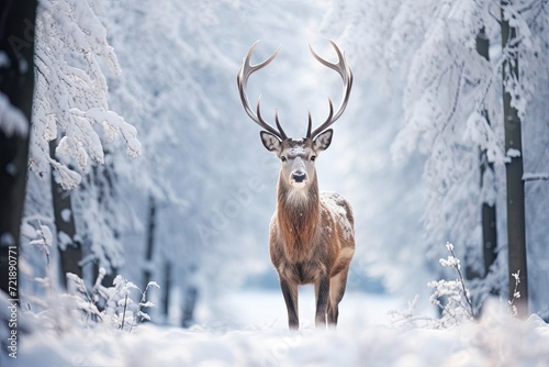 Enchanting deer with colorful feathers: mystical winter photo of snowy landscape