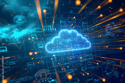Cloud computing concept background. Digital data processing in the virtual cloud abstract background. 5G wireless network, lines, connectivity, and data flow in the virtual world.
