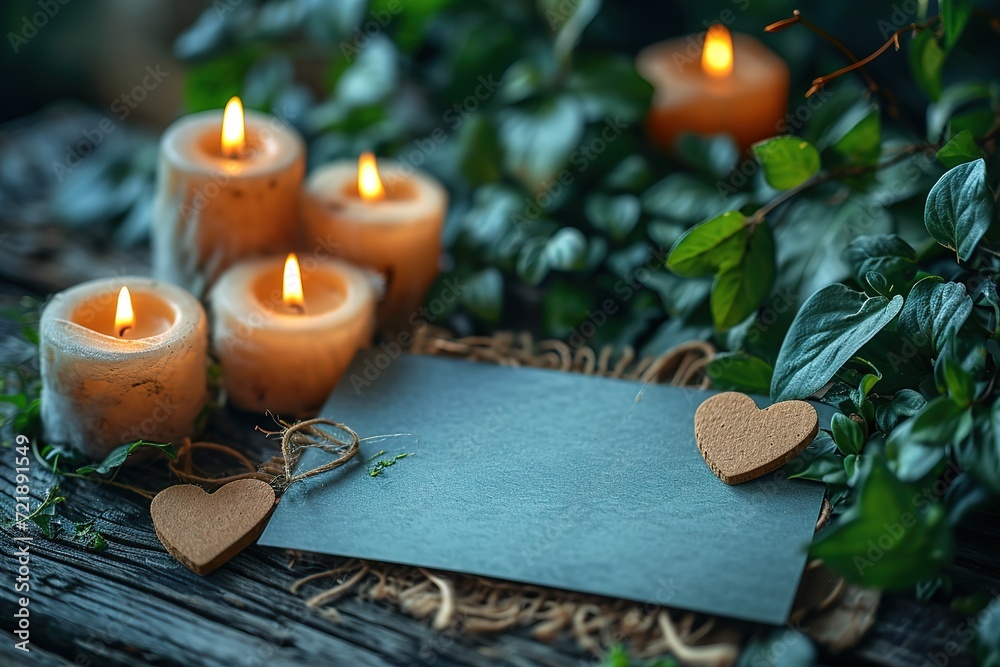 Cinematic shot of a blank card placed on a surface adorned with heart-shaped candles Cinematic shot of a blank card placed on a surface adorned with heart-shaped candles