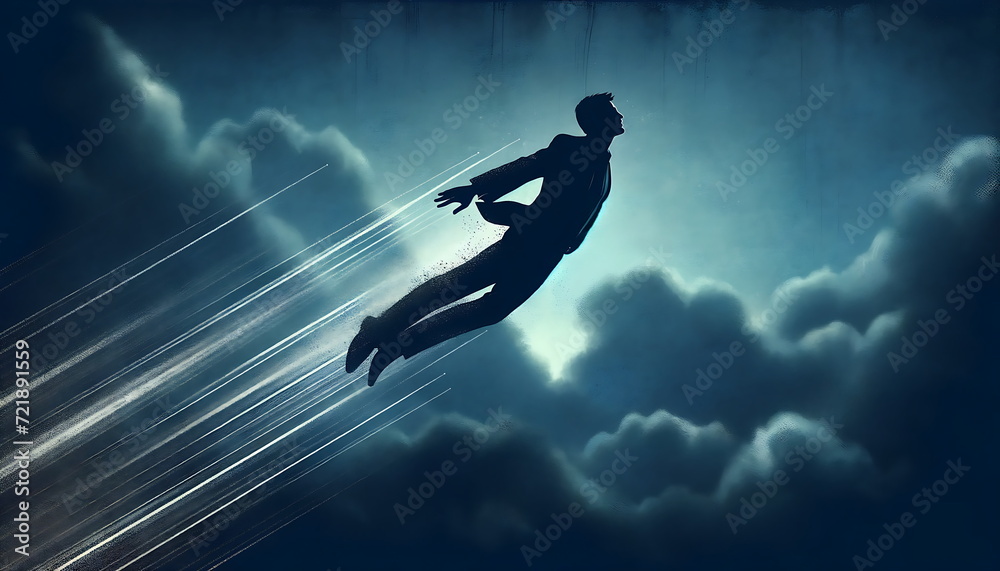 Create a conceptual art illustration of the silhouette of a businessman's  fly on the sky. success momentum. - obrazy, fototapety, plakaty 