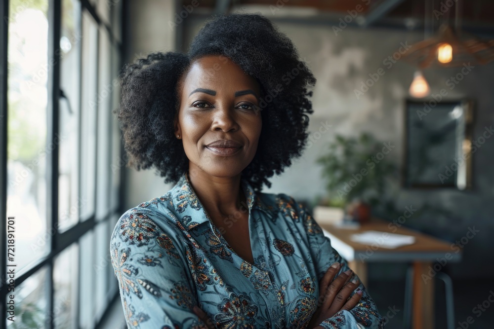 Smiling successful black woman in new office. Smiling successful black woman in new office.