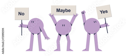 Illustration of abstract characters holding signs yes, no, maybe. The illustration is designed to answer questions through the use of vector graphics.