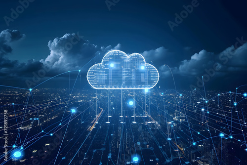 Cloud computing concept background. Digital data processing in the virtual cloud abstract background. 5G wireless network, lines, connectivity, and data flow in the virtual world.