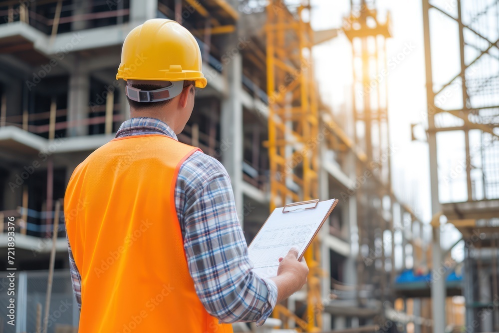 Happy Engineer Construction manager in hardhat with clipboard or blueprint inspection building at new construction site Happy Engineer Construction manager in hardhat with clipboard or blueprint inspection building at new construction site
