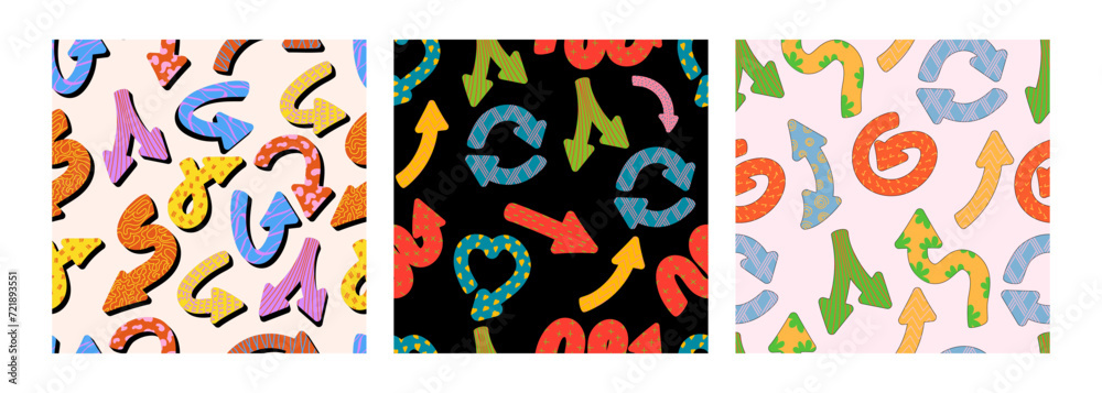 Naive playful arrows in trendy retro memphis style with vector texture. Direction indicators seamless pattern.