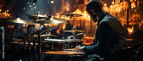 Jazz drummer performing jazz, jam session in a nightclub photo