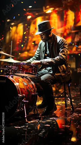Jazz drummer performing jazz, jam session in a nightclub