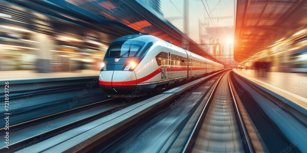 High-speed fast train passenger locomotive in motion at the railway station, the city is background High-speed fast train passenger locomotive in motion at the railway station, the city is background