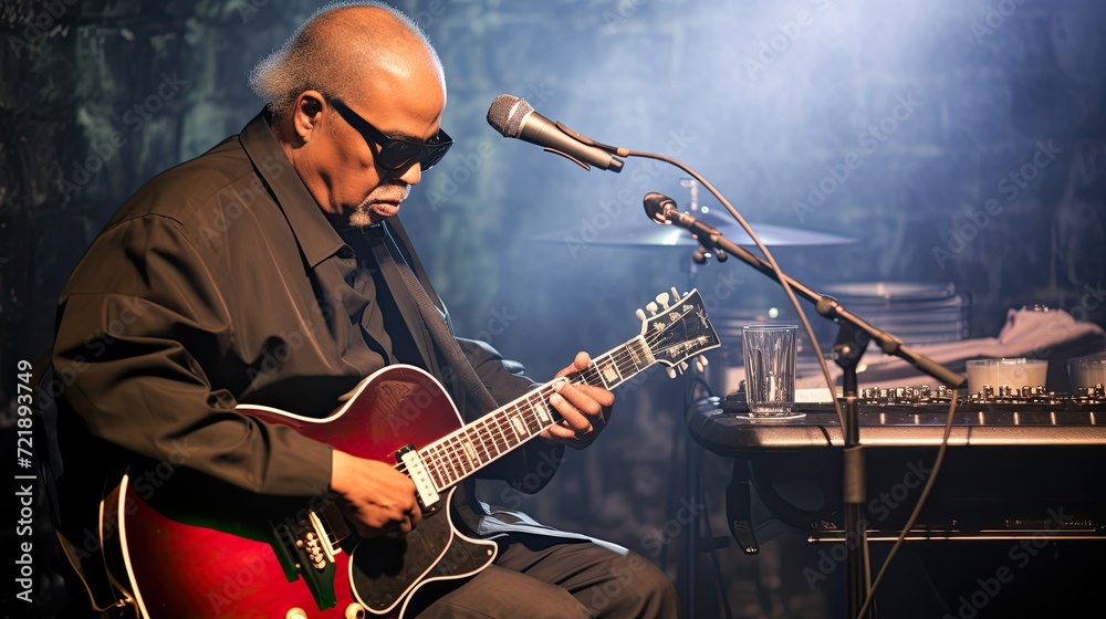 guitar player playing jazz music instrument at the night club guitar player playing jazz music instrument at the night club