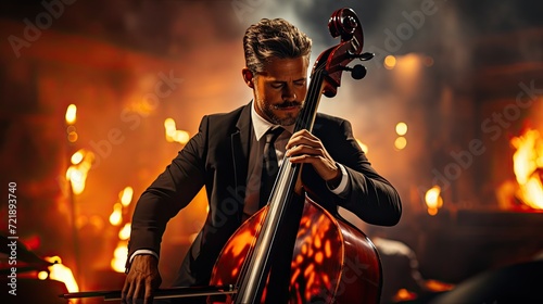 virtuoso double-bass player player playing jazz music instrument at the night club photo