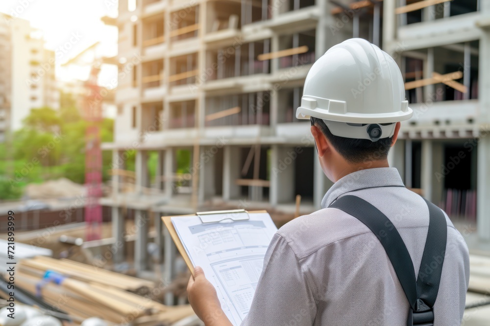 Smart Engineer Construction manager in white helmet looking clipboard or blueprint inspection building at new home construction site Smart Engineer Construction manager in white helmet looking clipboard or blueprint inspection building at new home construction site