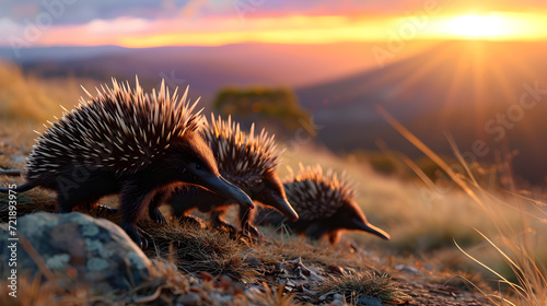 Echidna in the mountainous countryside with setting sun shining. Group of wild animals in nature. © linda_vostrovska