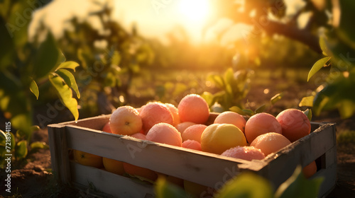 Grapefruits harvested in a wooden box with orchard and sunshine in the background. Natural organic fruit abundance. Agriculture  healthy and natural food concept. Horizontal composition.