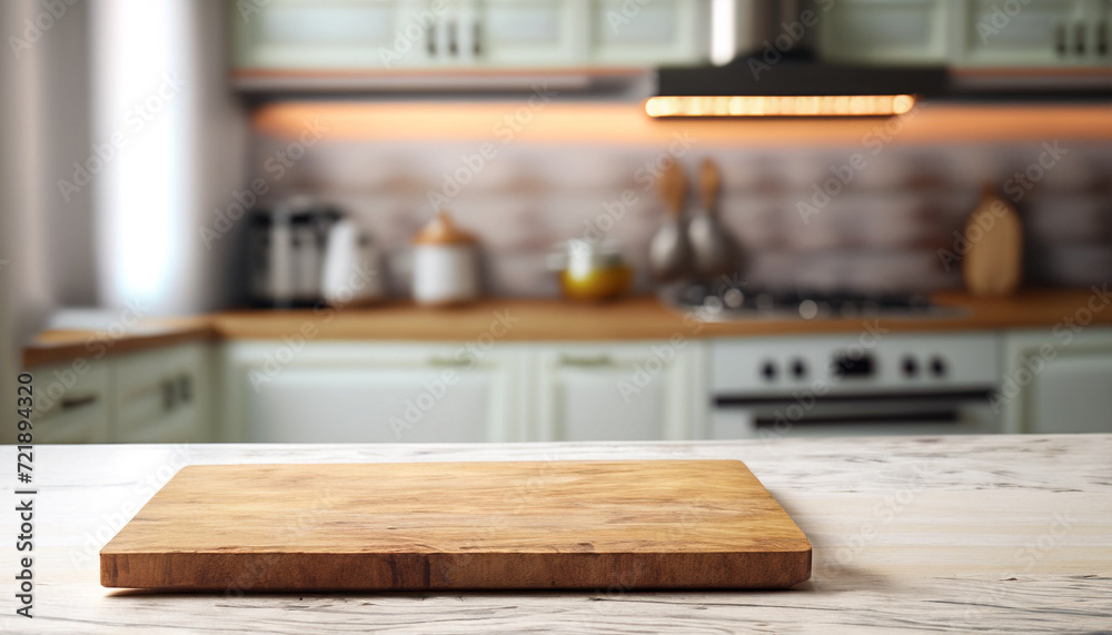 empty table board and defocused modern kitchen background. product display concept empty table board and defocused modern kitchen background. product display concept