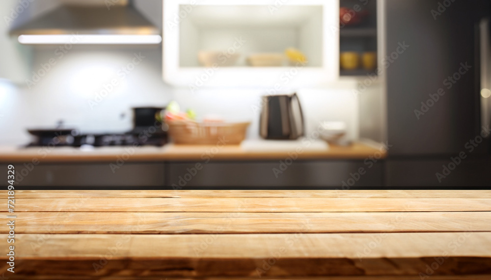 empty table board and defocused modern kitchen background. product display concept empty table board and defocused modern kitchen background. product display concept
