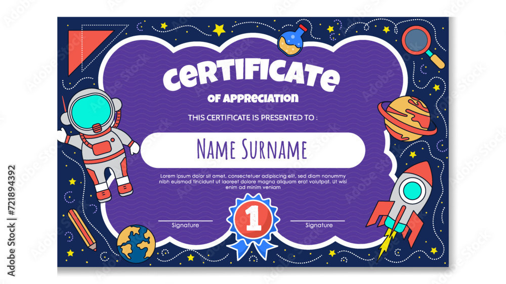 Fototapeta premium Fun Colorful Certificate Template for Kids. Space Theme Certificate.