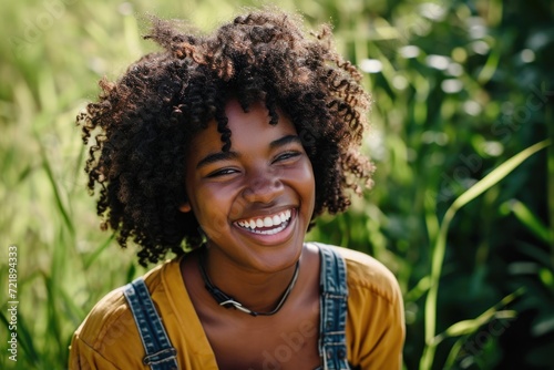 Young African American woman with curly hair laughing outdoors.
