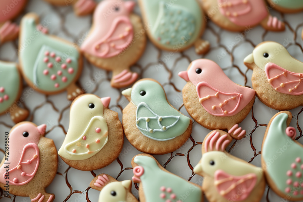 A variety of bird shaped cookies with pastel icing patterns displayed on a wire cooling rack, perfect for a springtime party.

