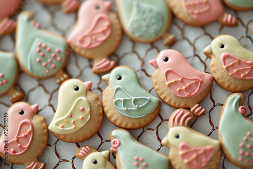 A variety of bird shaped cookies with pastel icing patterns displayed on a wire cooling rack, perfect for a springtime party. 