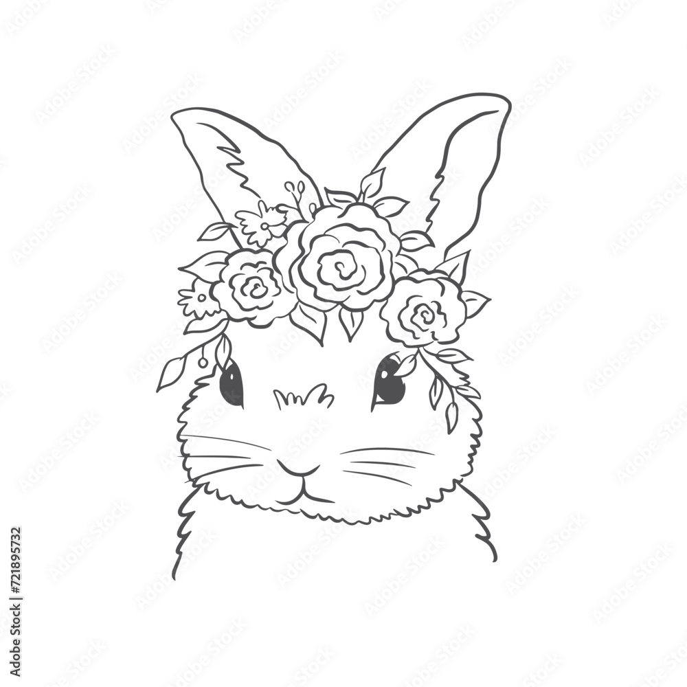Hand drawn cute rabbit with head wreath. Coloring  for kids
