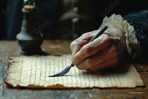 Close-up of a hand writing a love poem on a blank card with a quill and ink
