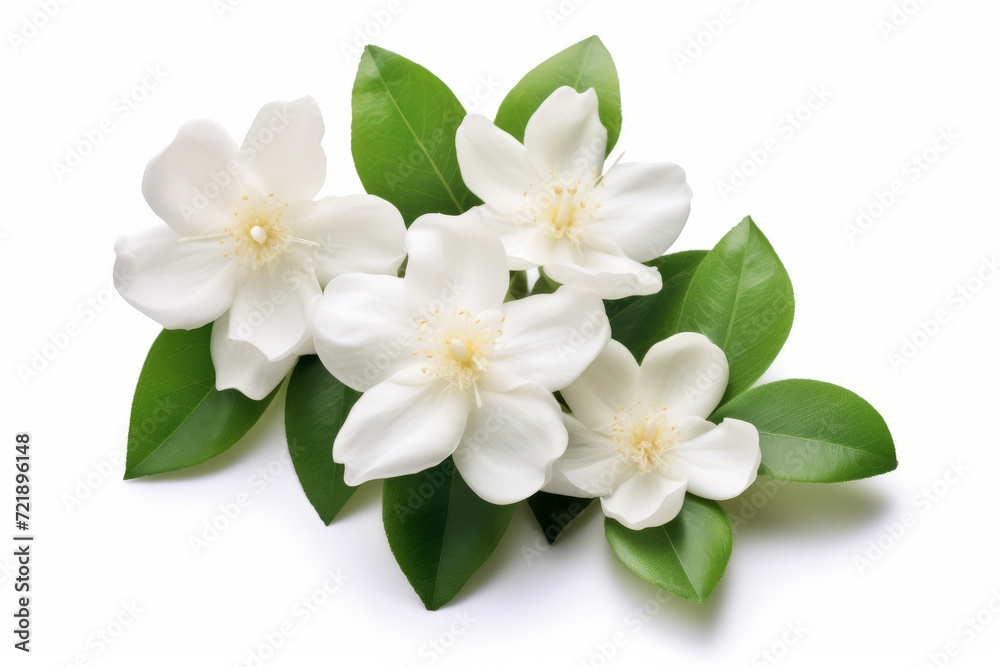 Jasmine white flowers with leaves on a white background Jasmine white flowers with leaves on a white background