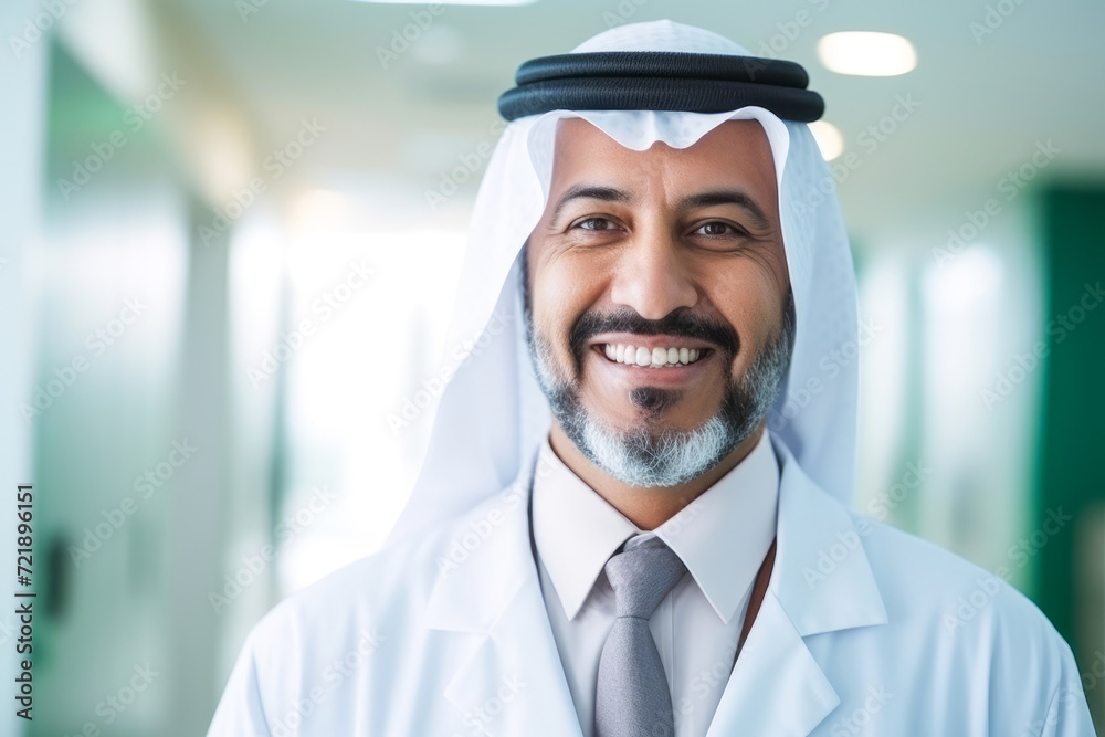 Close up portrait of a smiling senior adult arabian doctor, standing in the hospital corridor in blur Close up portrait of a smiling senior adult arabian doctor, standing in the hospital corridor in blur