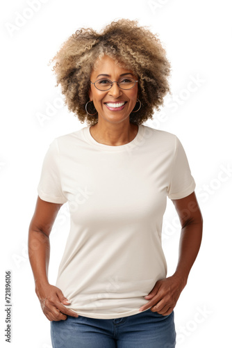 A happy senior afro-american woman wearing a blank white t-shirt for mockup, isolated on transparent background
