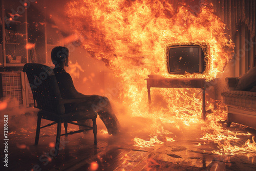 A person sitting calmly in a chair in a room caught on fire. A meme scene depicting someone not caring about the destruction of surroundings.
